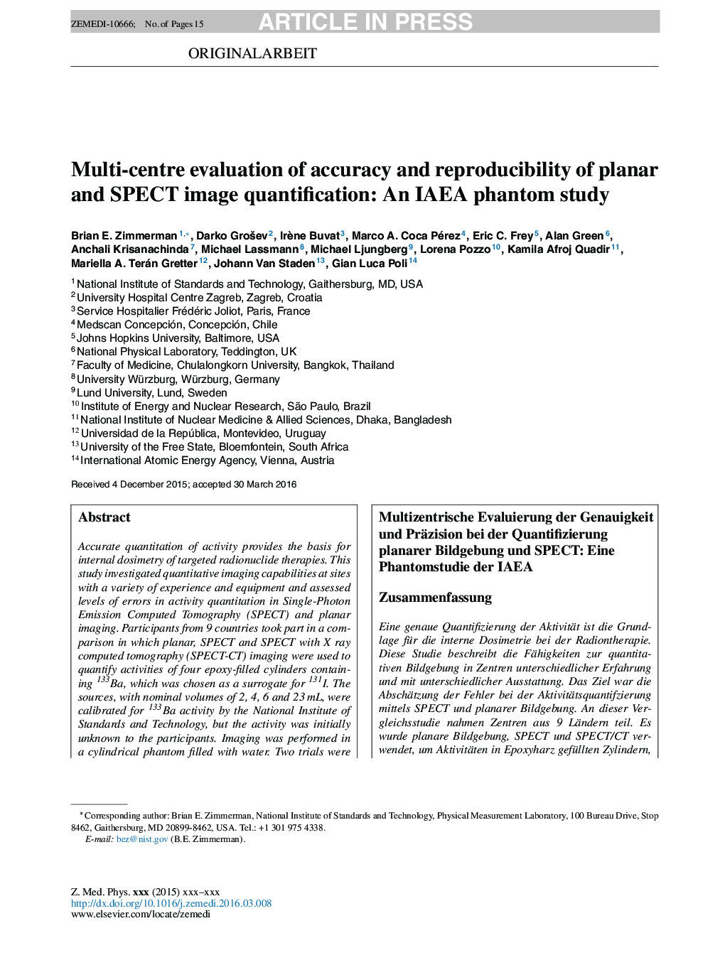 Multi-centre evaluation of accuracy and reproducibility of planar and SPECT image quantification: An IAEA phantom study