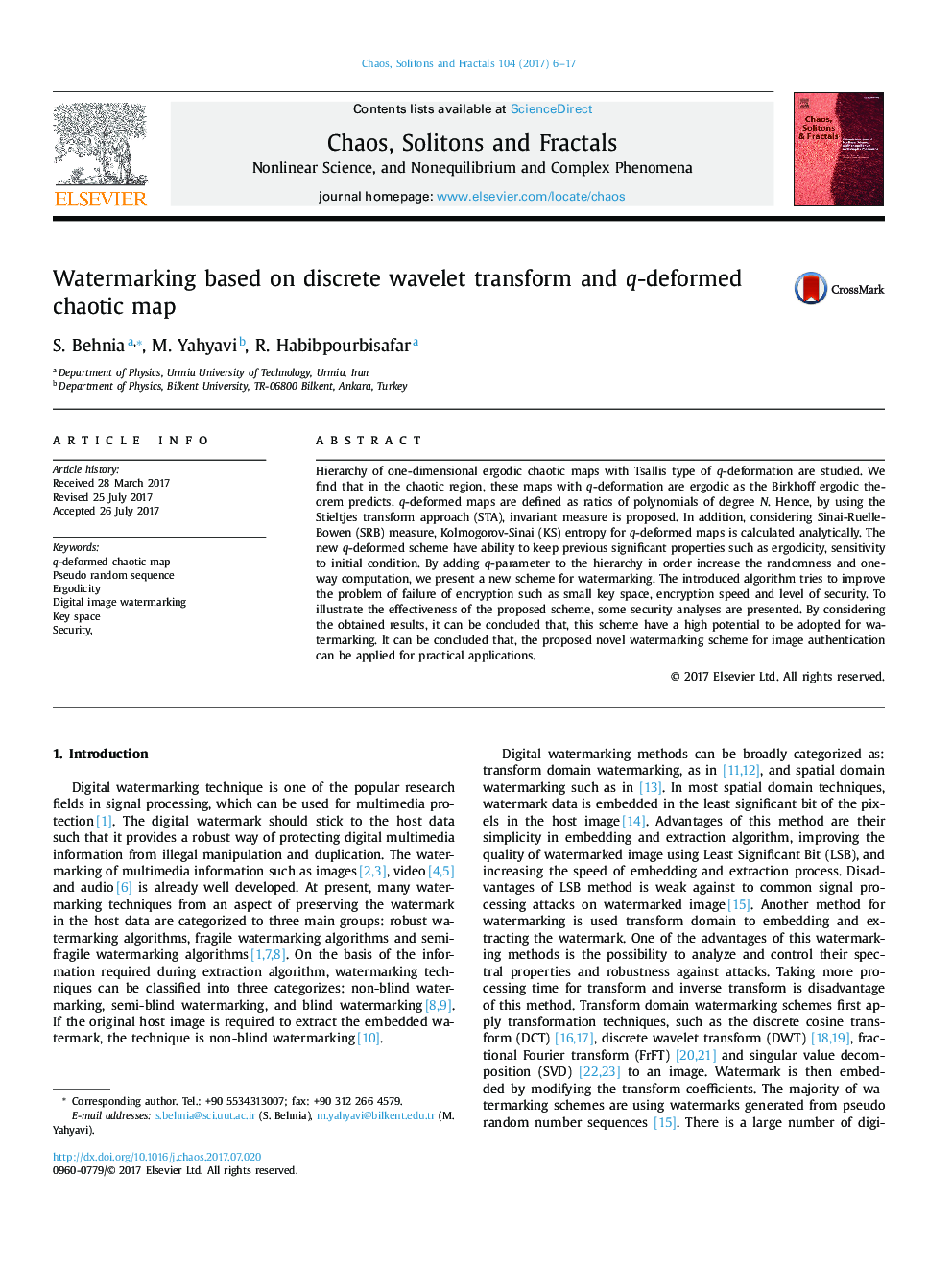 عکس صفحه اول مقاله: Watermarking based on discrete wavelet transform and q-deformed chaotic map Watermarking based on discrete wavelet transform and q-deformed chaotic map