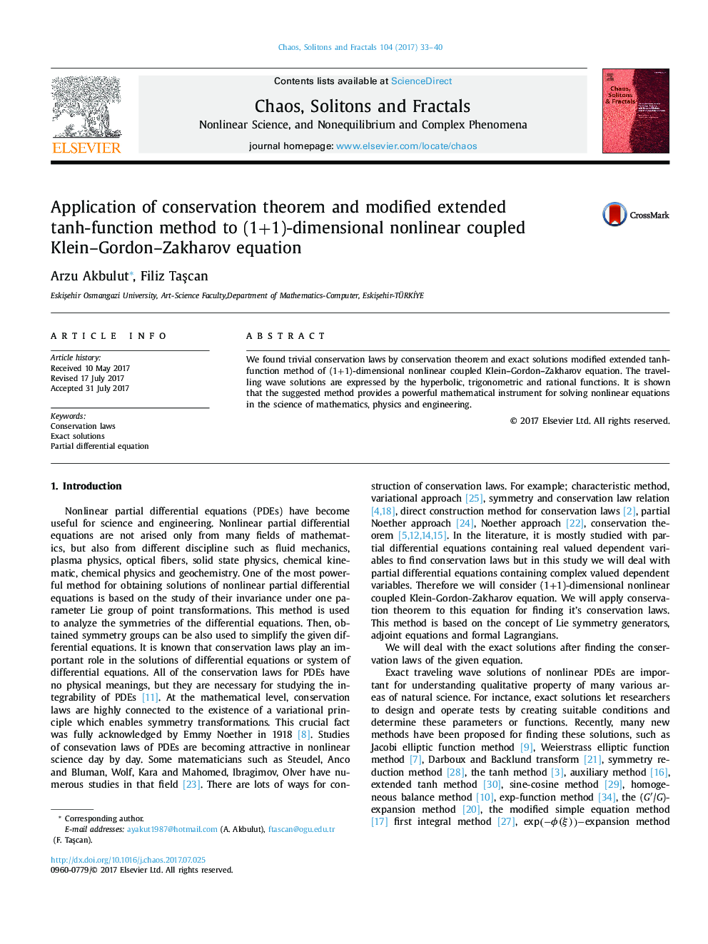 Application of conservation theorem and modified extended tanh-function method to (1+1)-dimensional nonlinear coupled Klein-Gordon-Zakharov equation