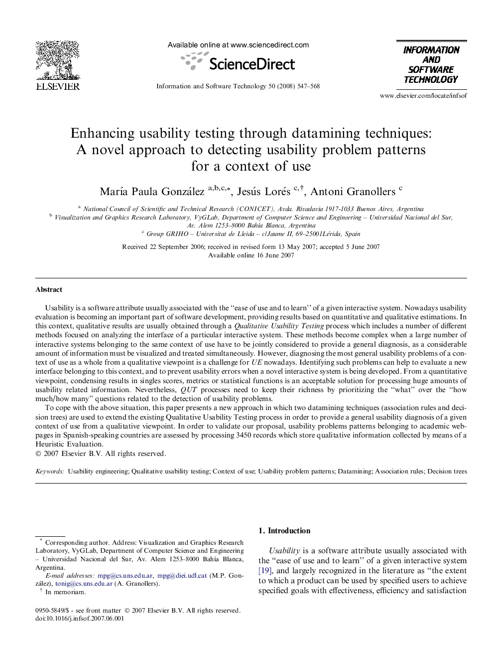 Enhancing usability testing through datamining techniques: A novel approach to detecting usability problem patterns for a context of use