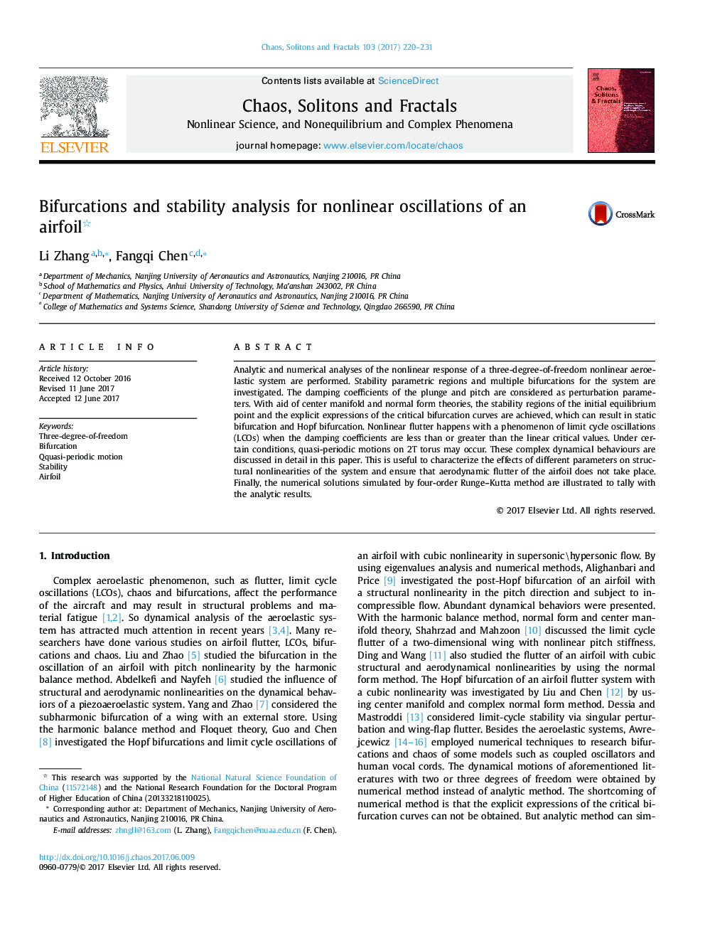 Bifurcations and stability analysis for nonlinear oscillations of an airfoil