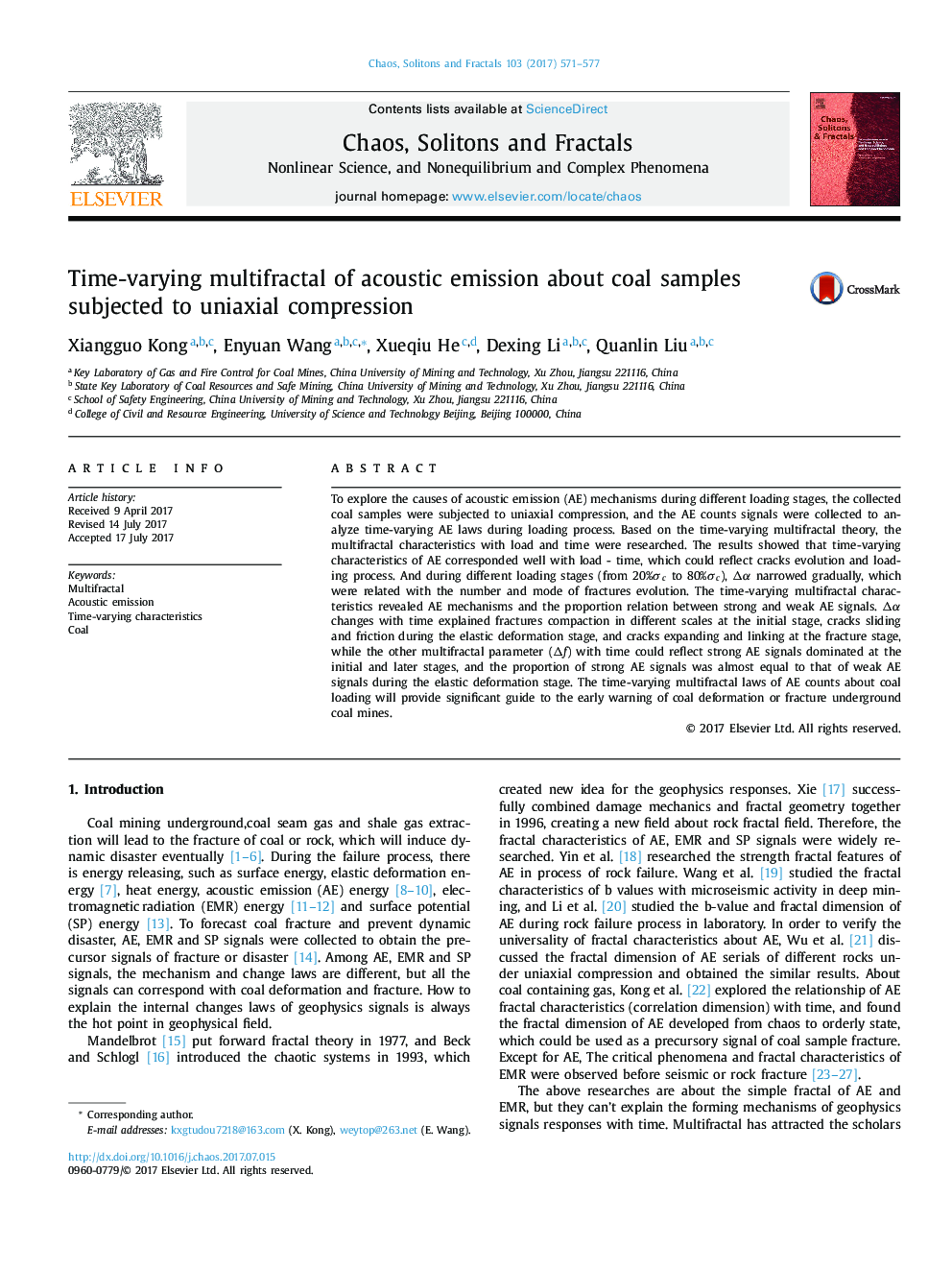 Time-varying multifractal of acoustic emission about coal samples subjected to uniaxial compression