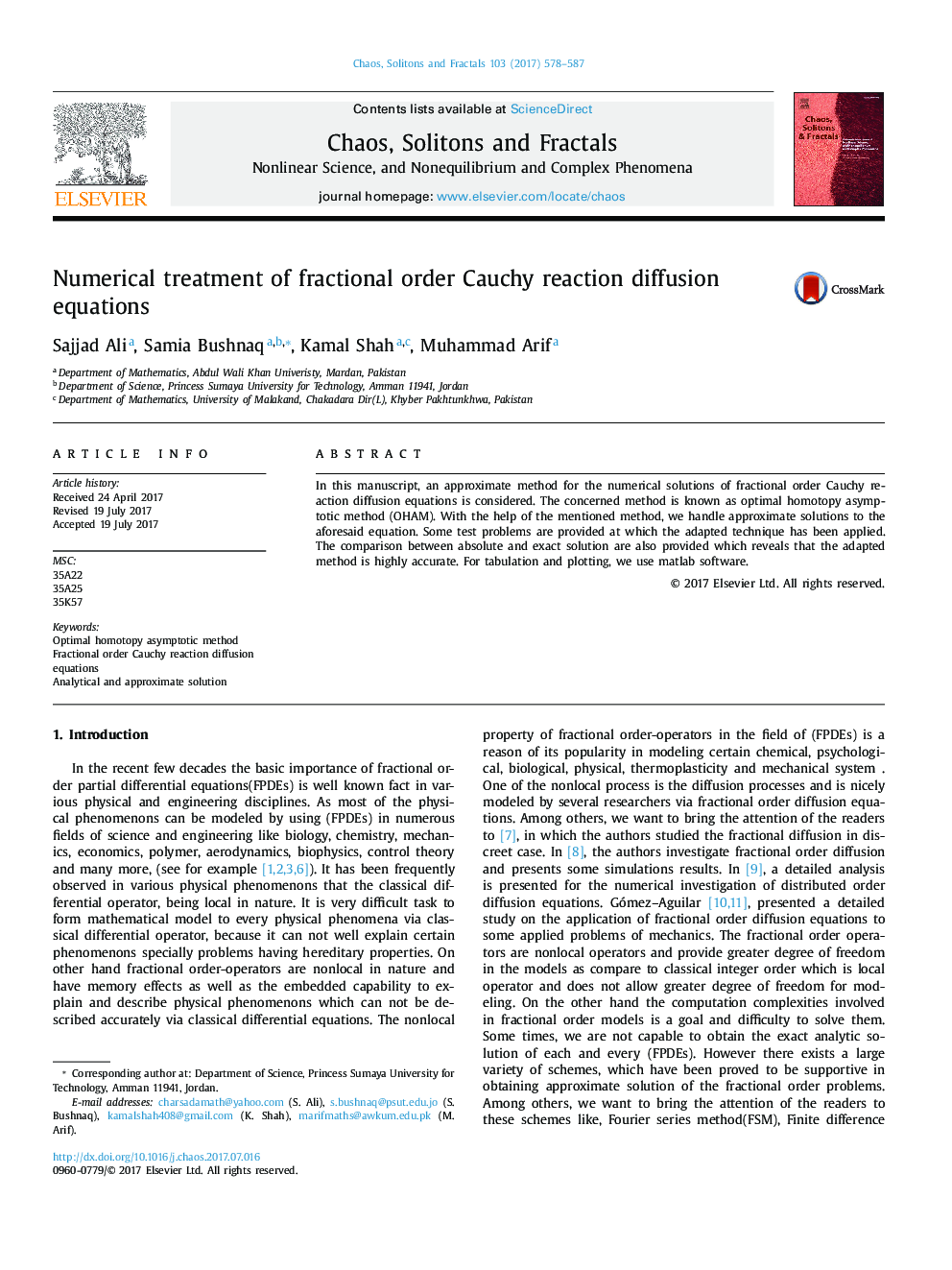 Numerical treatment of fractional order Cauchy reaction diffusion equations