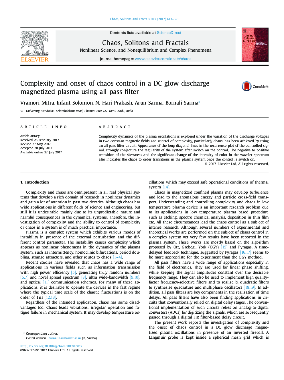 Complexity and onset of chaos control in a DC glow discharge magnetized plasma using all pass filter