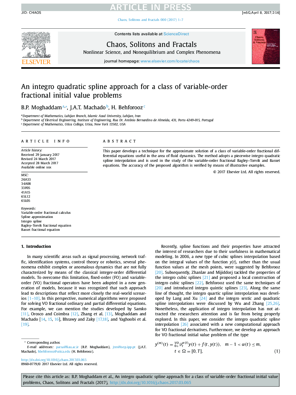 An integro quadratic spline approach for a class of variable-order fractional initial value problems