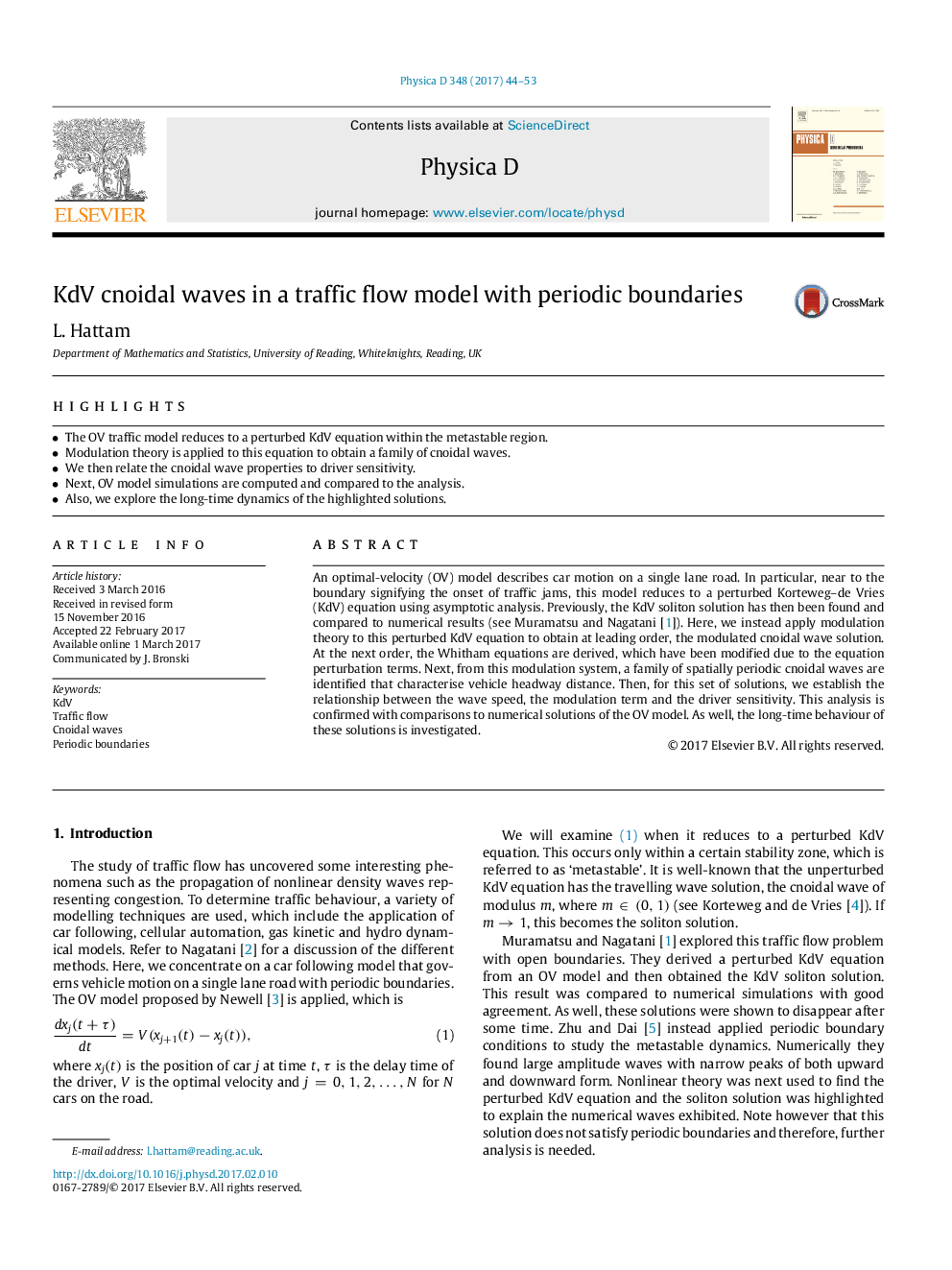 KdV cnoidal waves in a traffic flow model with periodic boundaries