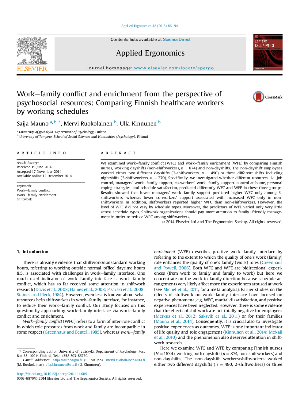 Work–family conflict and enrichment from the perspective of psychosocial resources: Comparing Finnish healthcare workers by working schedules