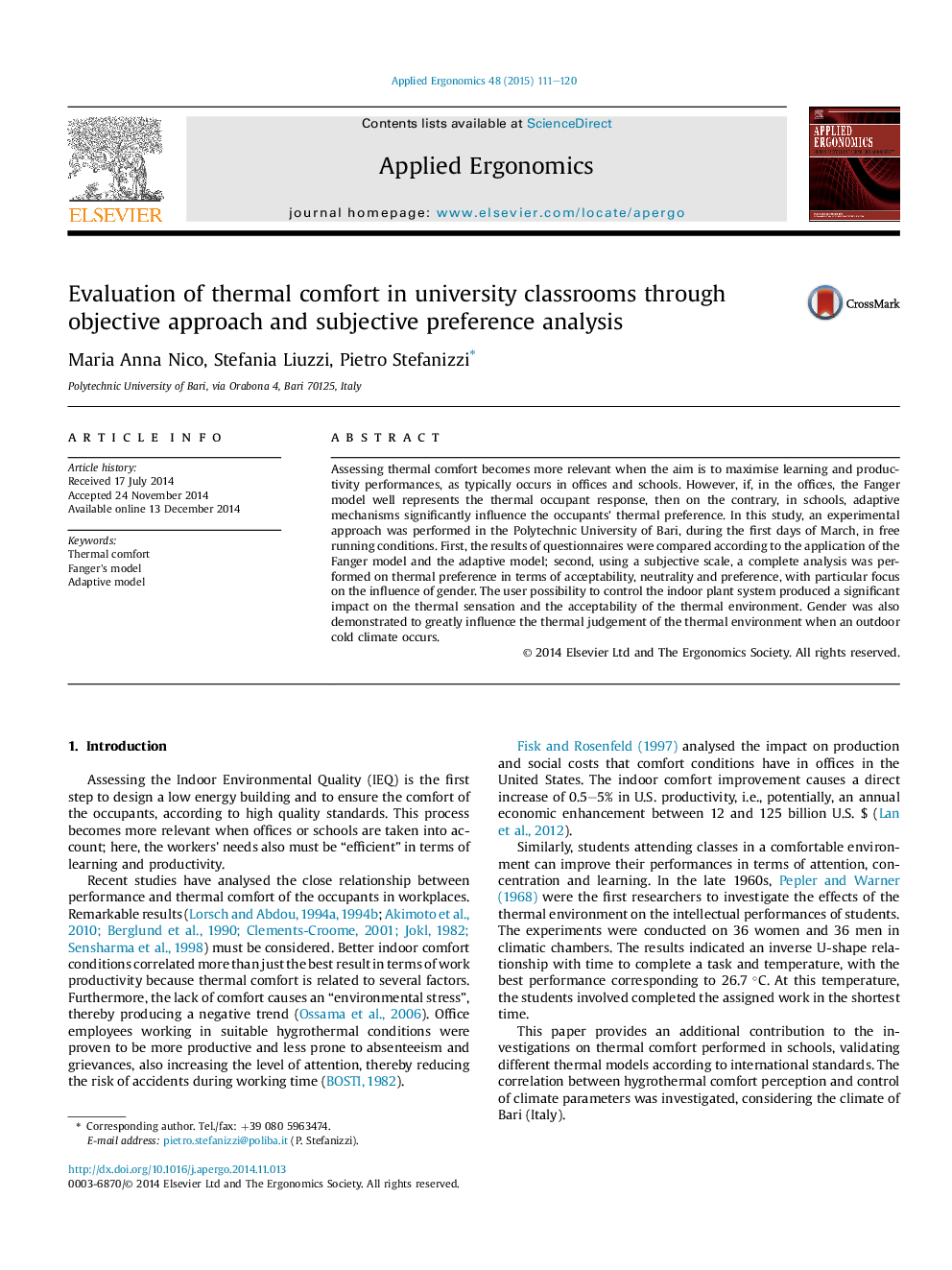 Evaluation of thermal comfort in university classrooms through objective approach and subjective preference analysis