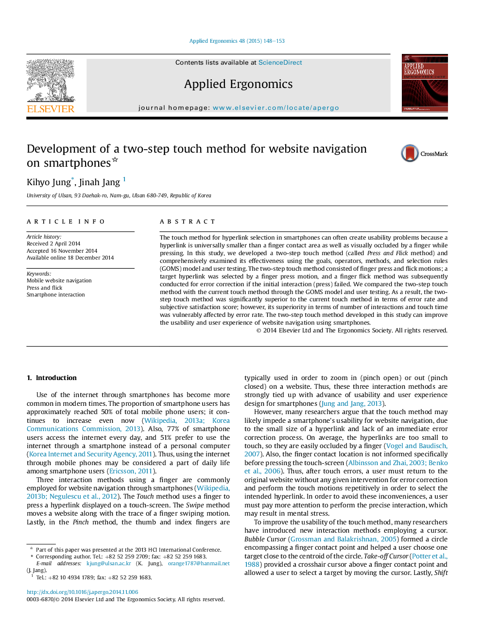 Development of a two-step touch method for website navigation on smartphones 