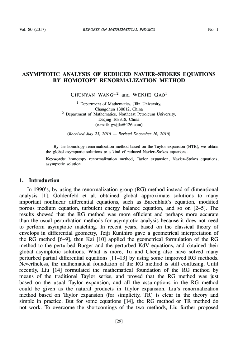 Asymptotic Analysis of Reduced Navier-Stokes Equations by Homotopy Renormalization Method