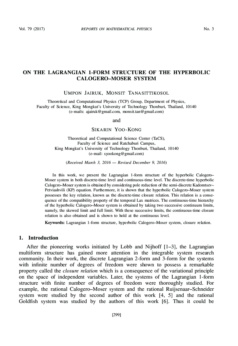 On the lagrangian 1-form structure of the hyperbolic calogero-moser system