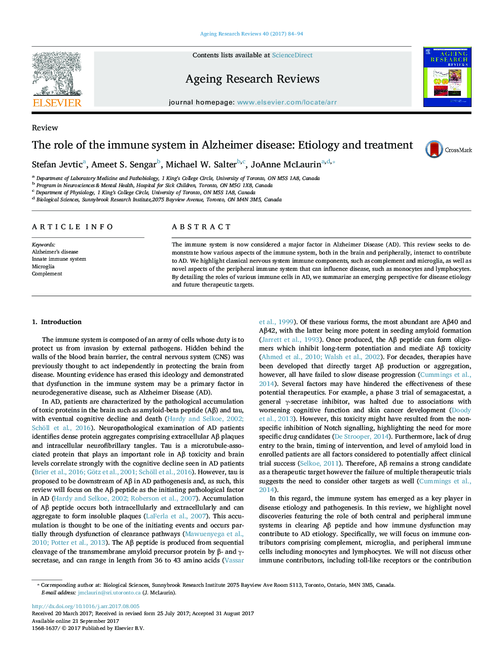 The role of the immune system in Alzheimer disease: Etiology and treatment