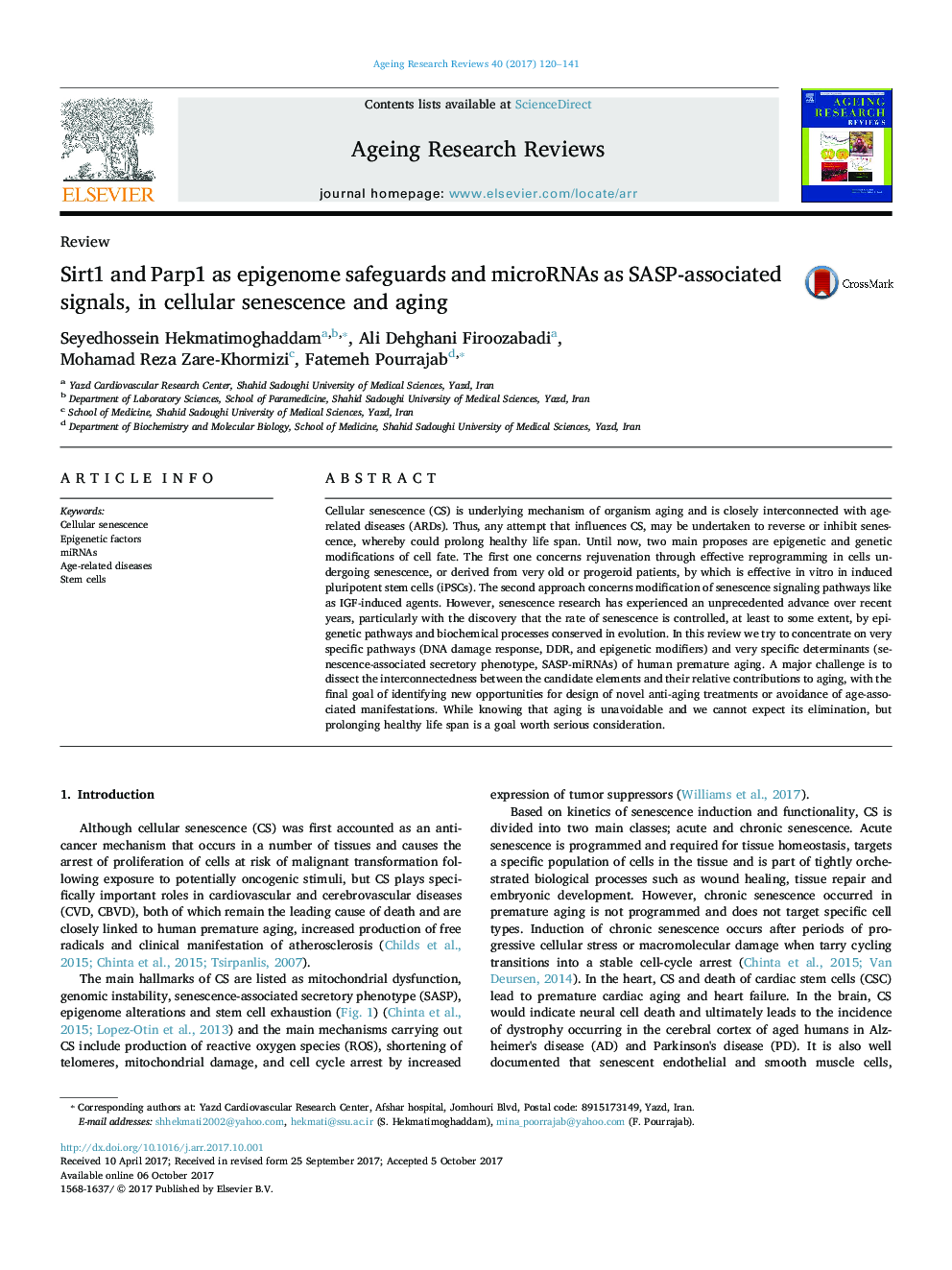 Sirt1 and Parp1 as epigenome safeguards and microRNAs as SASP-associated signals, in cellular senescence and aging