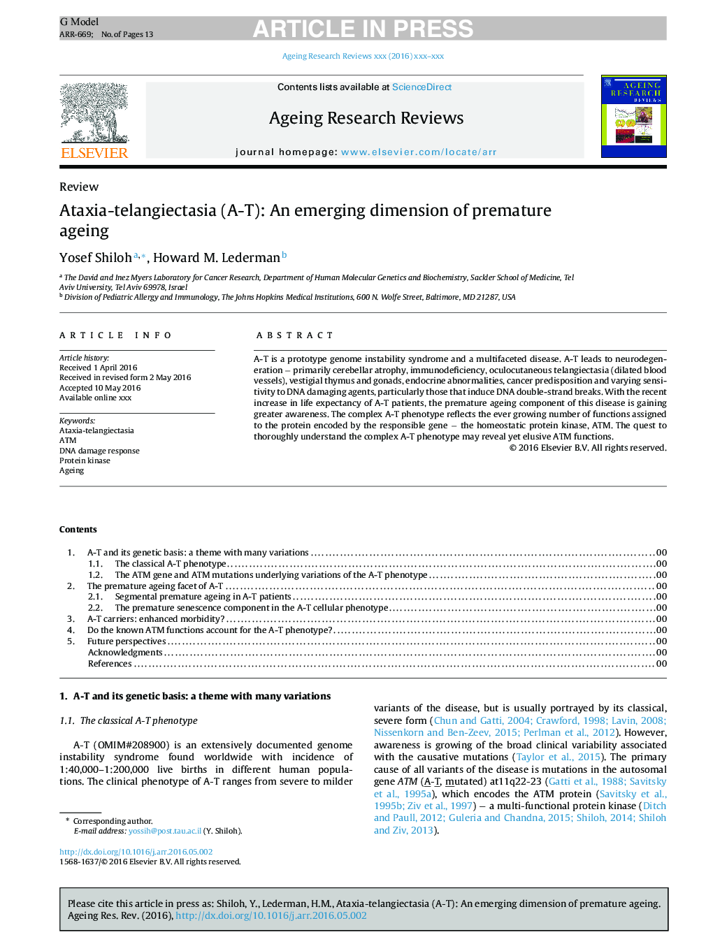 Ataxia-telangiectasia (A-T): An emerging dimension of premature ageing