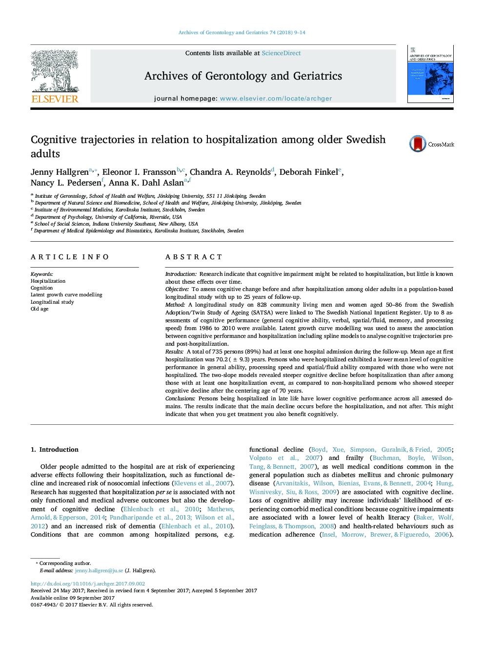 Cognitive trajectories in relation to hospitalization among older Swedish adults