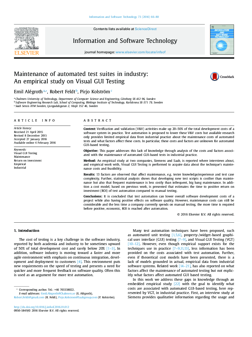 Maintenance of automated test suites in industry: An empirical study on Visual GUI Testing