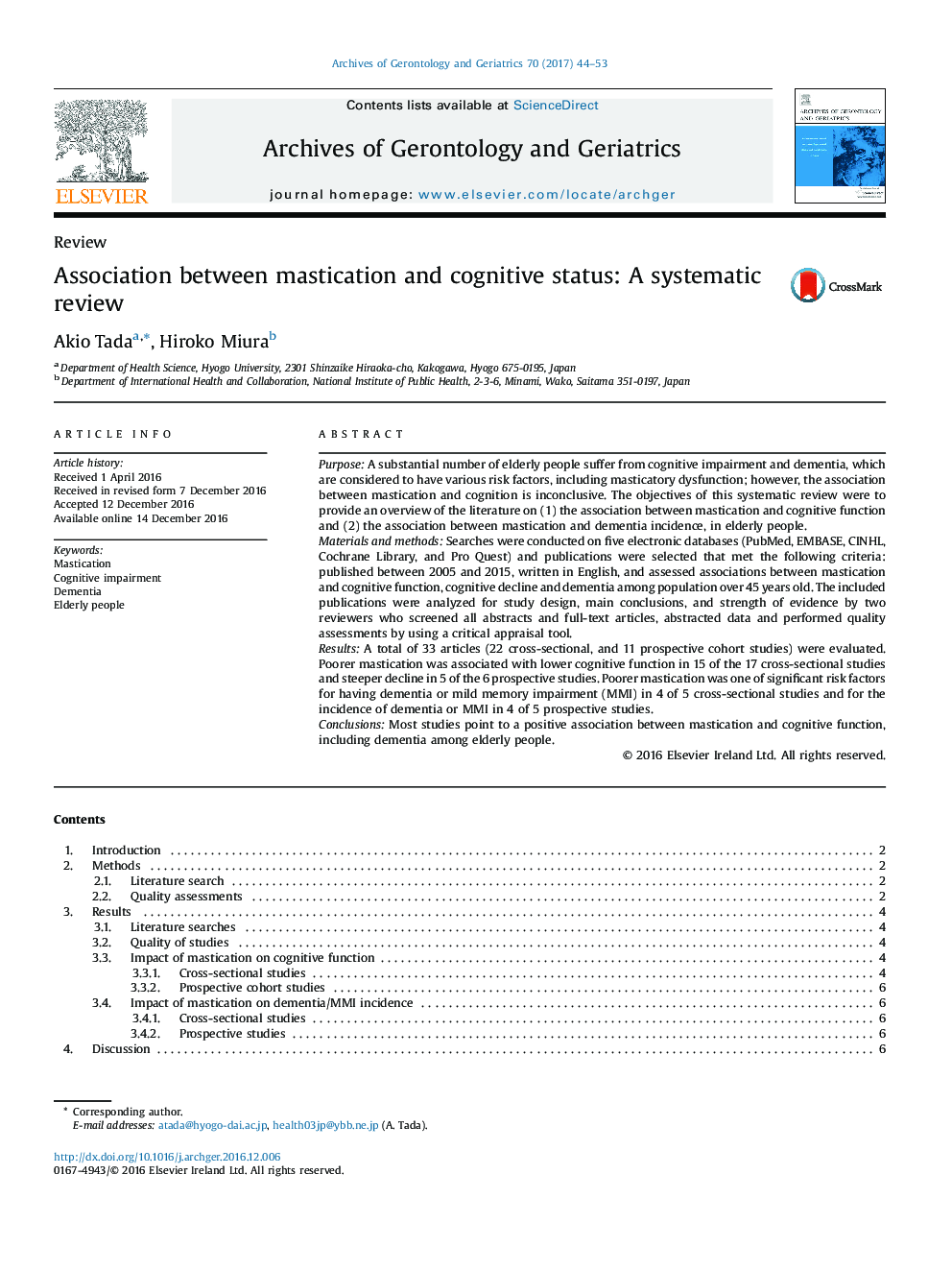 Association between mastication and cognitive status: A systematic review