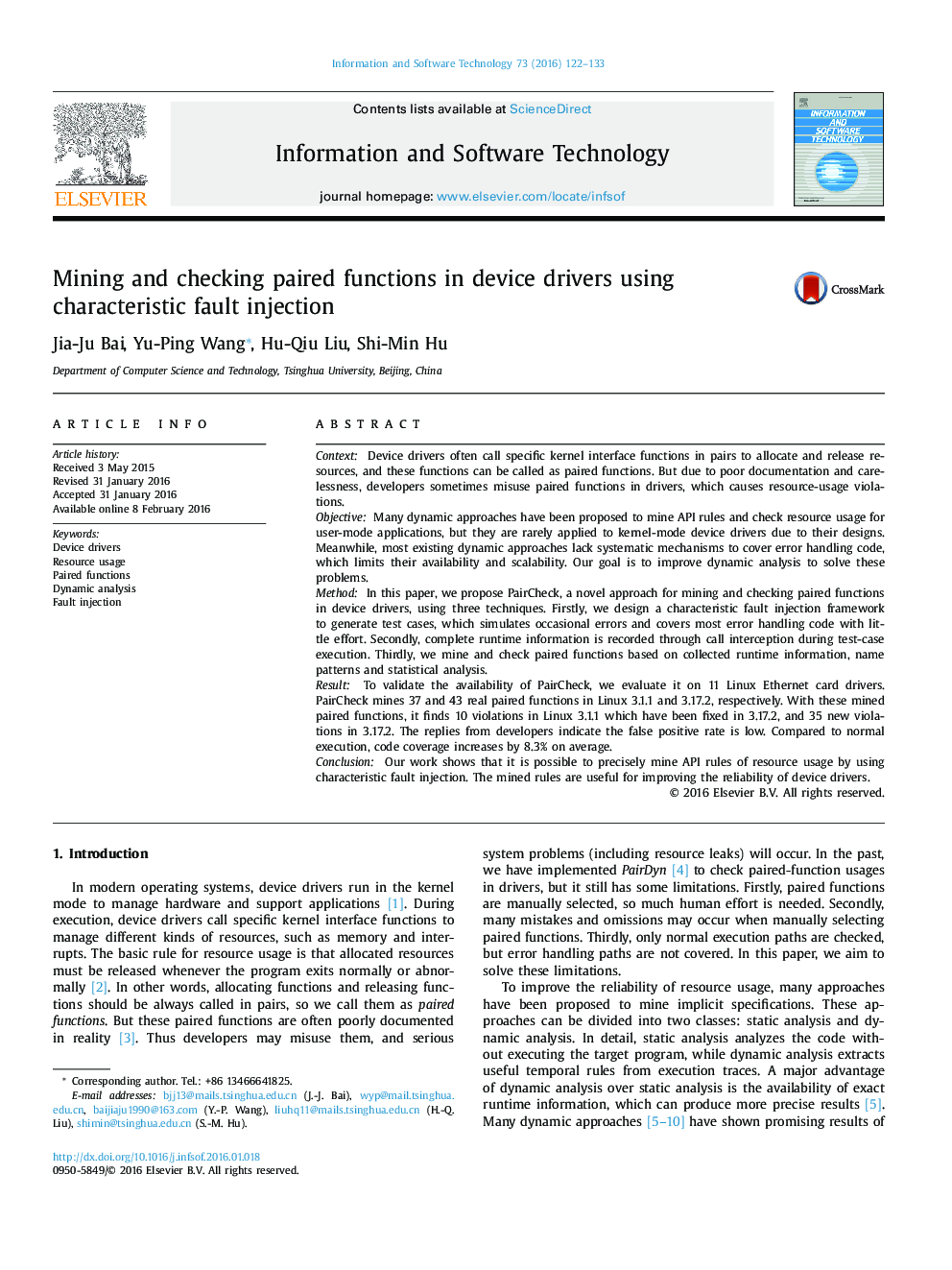 Mining and checking paired functions in device drivers using characteristic fault injection
