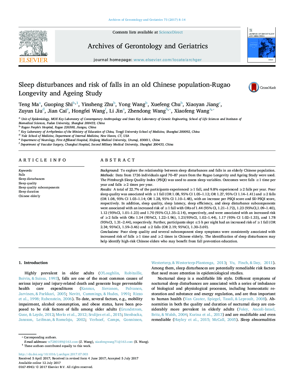 Sleep disturbances and risk of falls in an old Chinese population-Rugao Longevity and Ageing Study