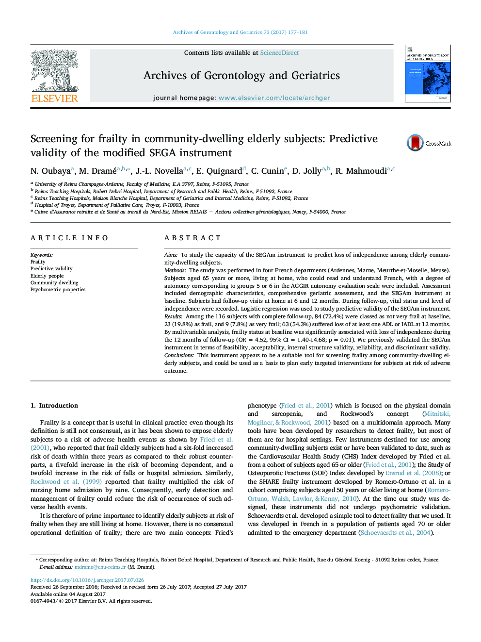 Screening for frailty in community-dwelling elderly subjects: Predictive validity of the modified SEGA instrument