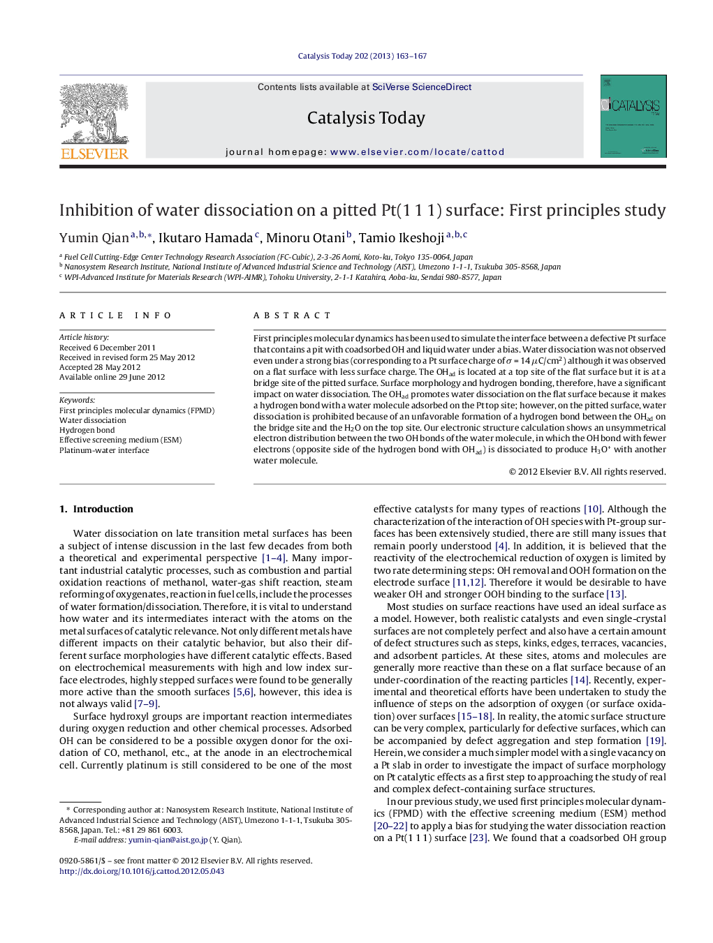 Inhibition of water dissociation on a pitted Pt(1 1 1) surface: First principles study