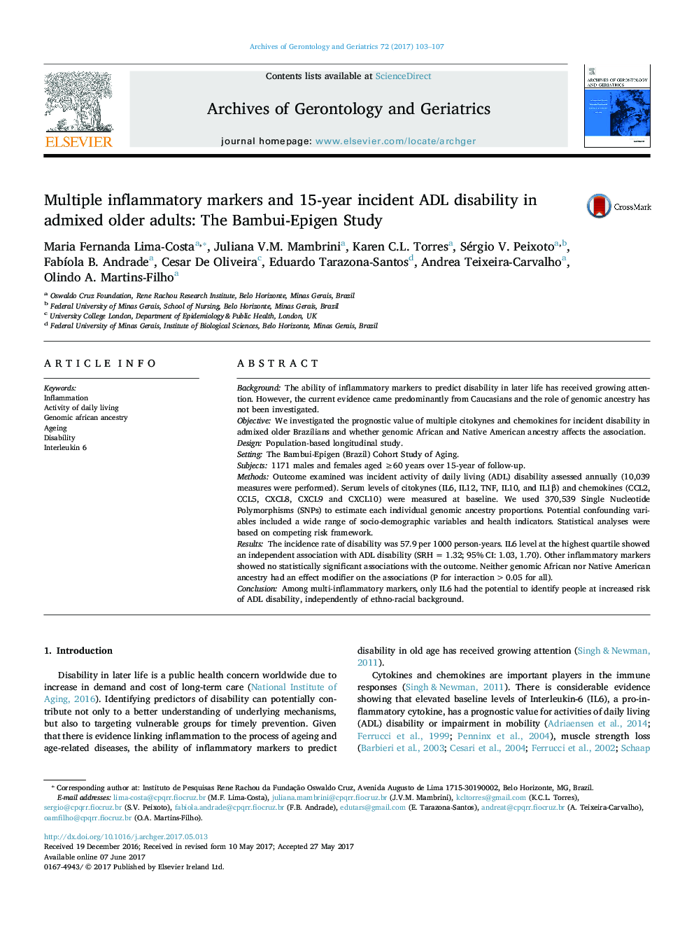 Multiple inflammatory markers and 15-year incident ADL disability in admixed older adults: The Bambui-Epigen Study