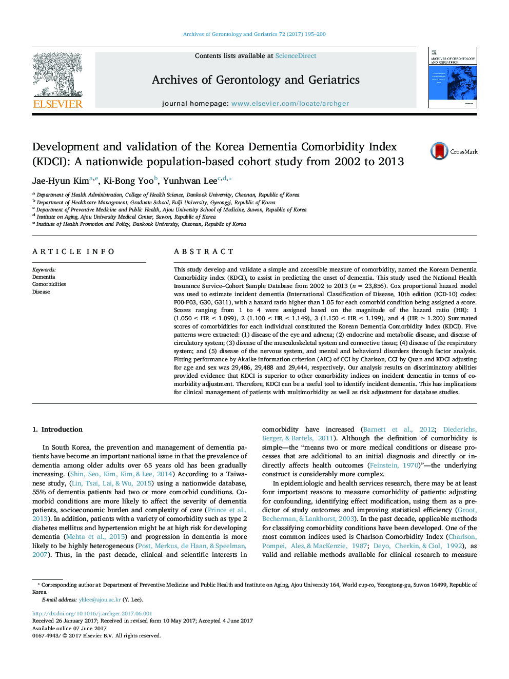 Development and validation of the Korea Dementia Comorbidity Index (KDCI): A nationwide population-based cohort study from 2002 to 2013