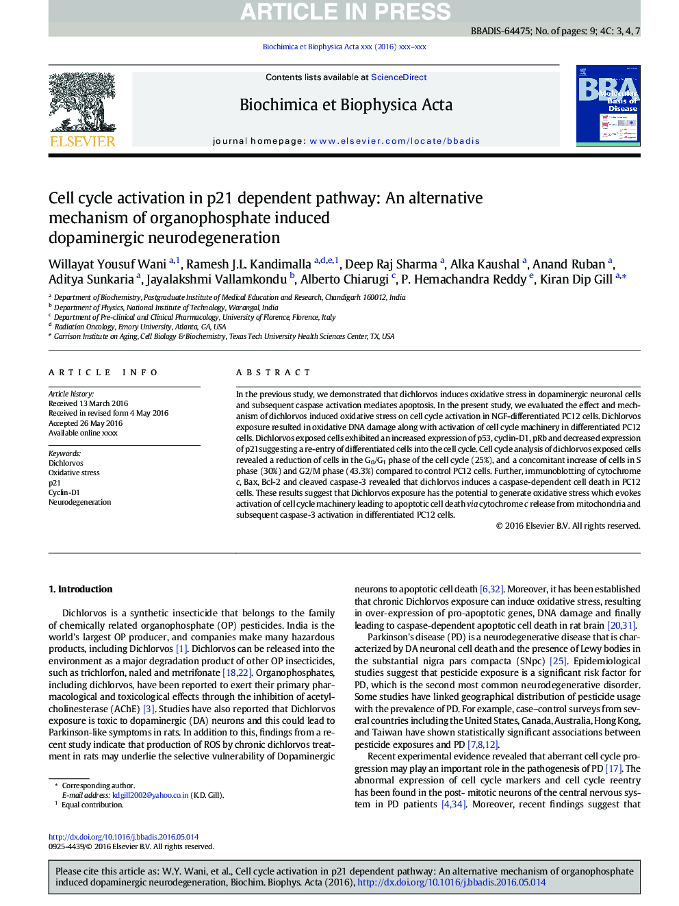 Cell cycle activation in p21 dependent pathway: An alternative mechanism of organophosphate induced dopaminergic neurodegeneration