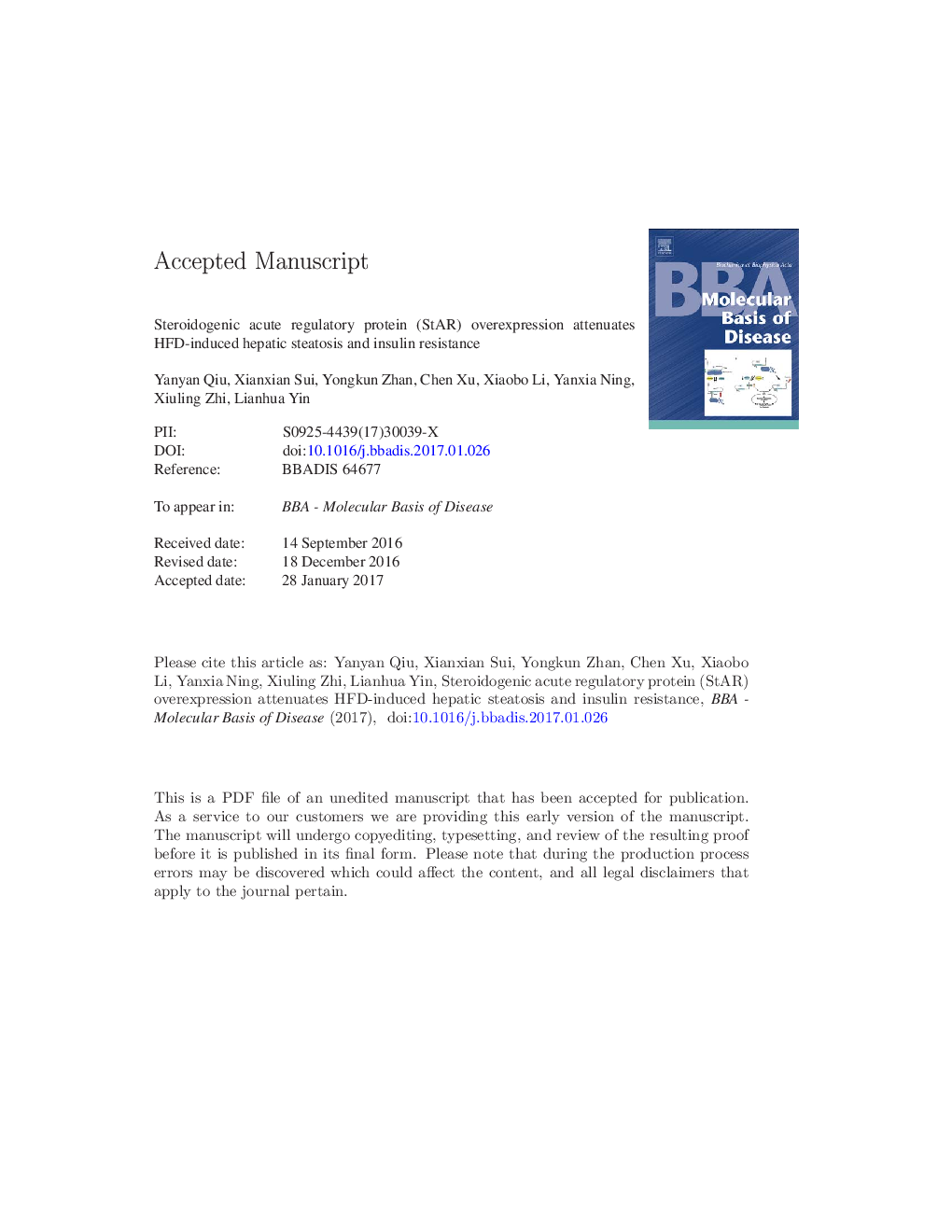 Steroidogenic acute regulatory protein (StAR) overexpression attenuates HFD-induced hepatic steatosis and insulin resistance