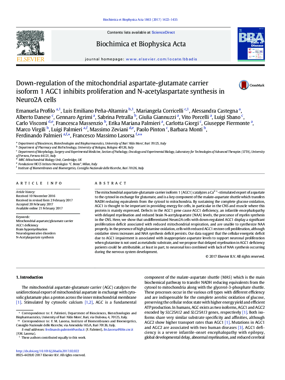 Down-regulation of the mitochondrial aspartate-glutamate carrier isoform 1 AGC1 inhibits proliferation and N-acetylaspartate synthesis in Neuro2A cells