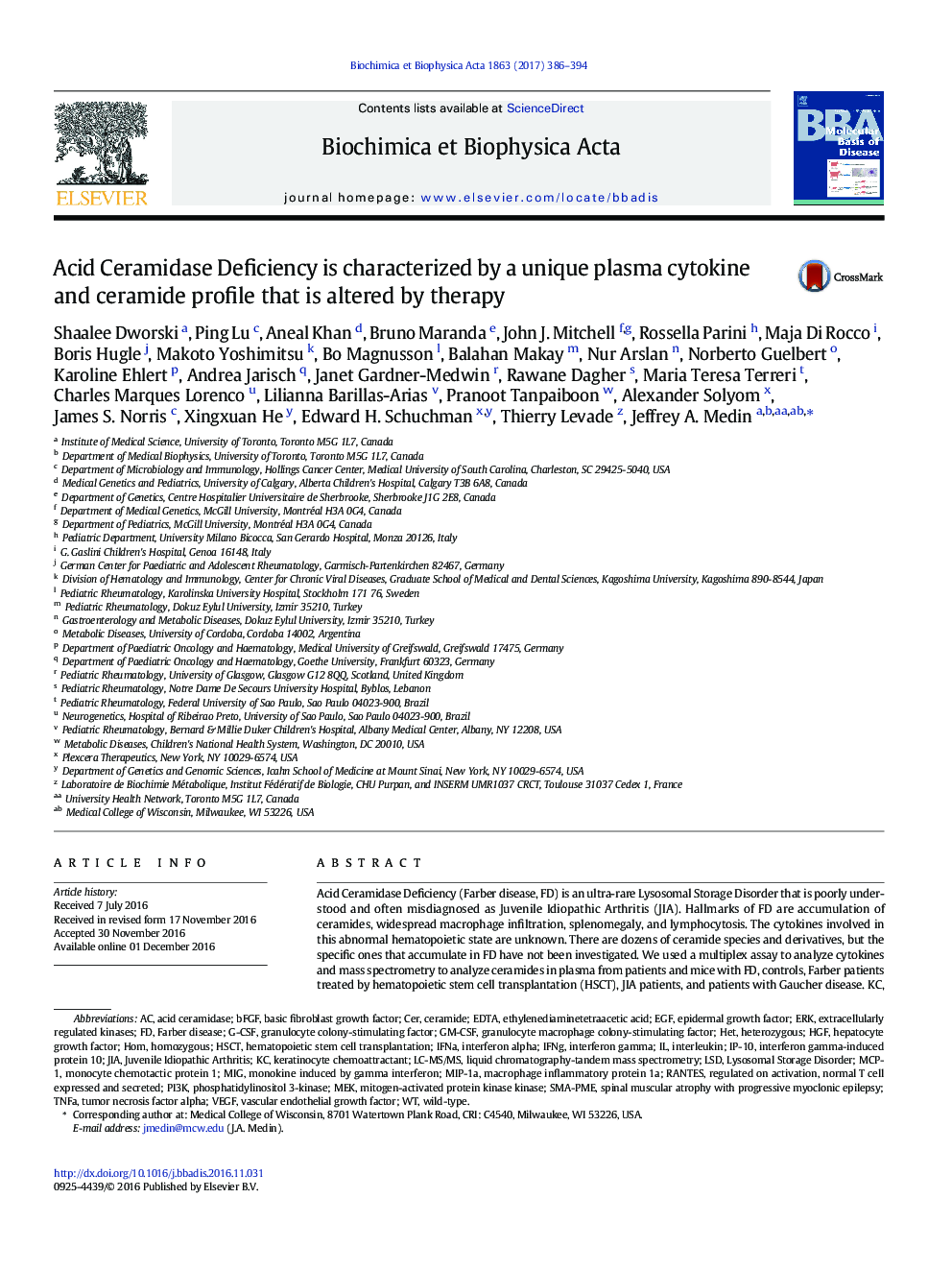 Acid Ceramidase Deficiency is characterized by a unique plasma cytokine and ceramide profile that is altered by therapy