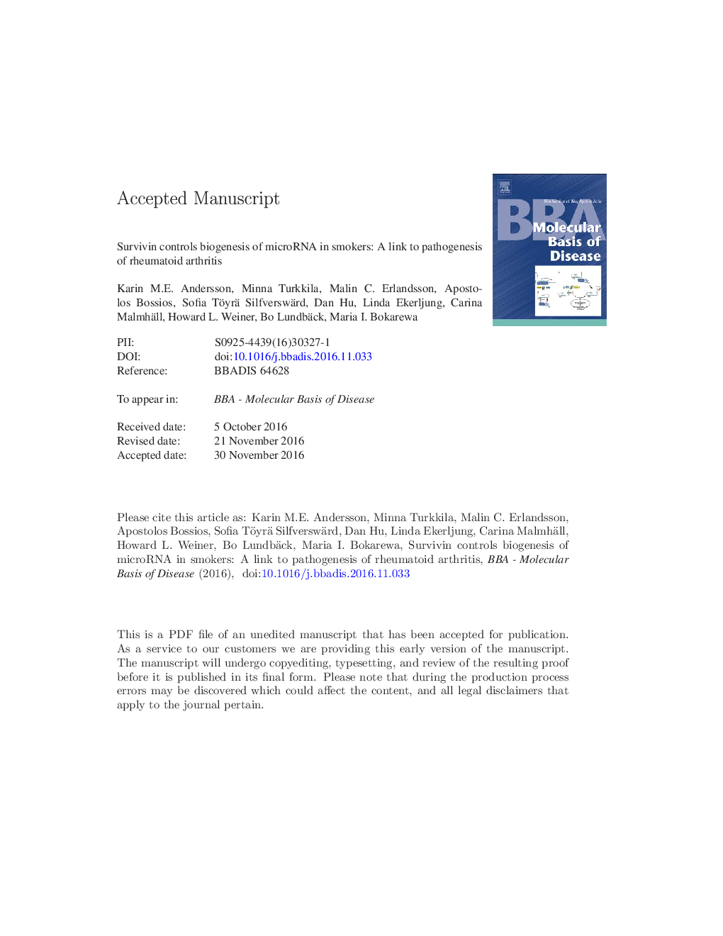 Survivin controls biogenesis of microRNA in smokers: A link to pathogenesis of rheumatoid arthritis