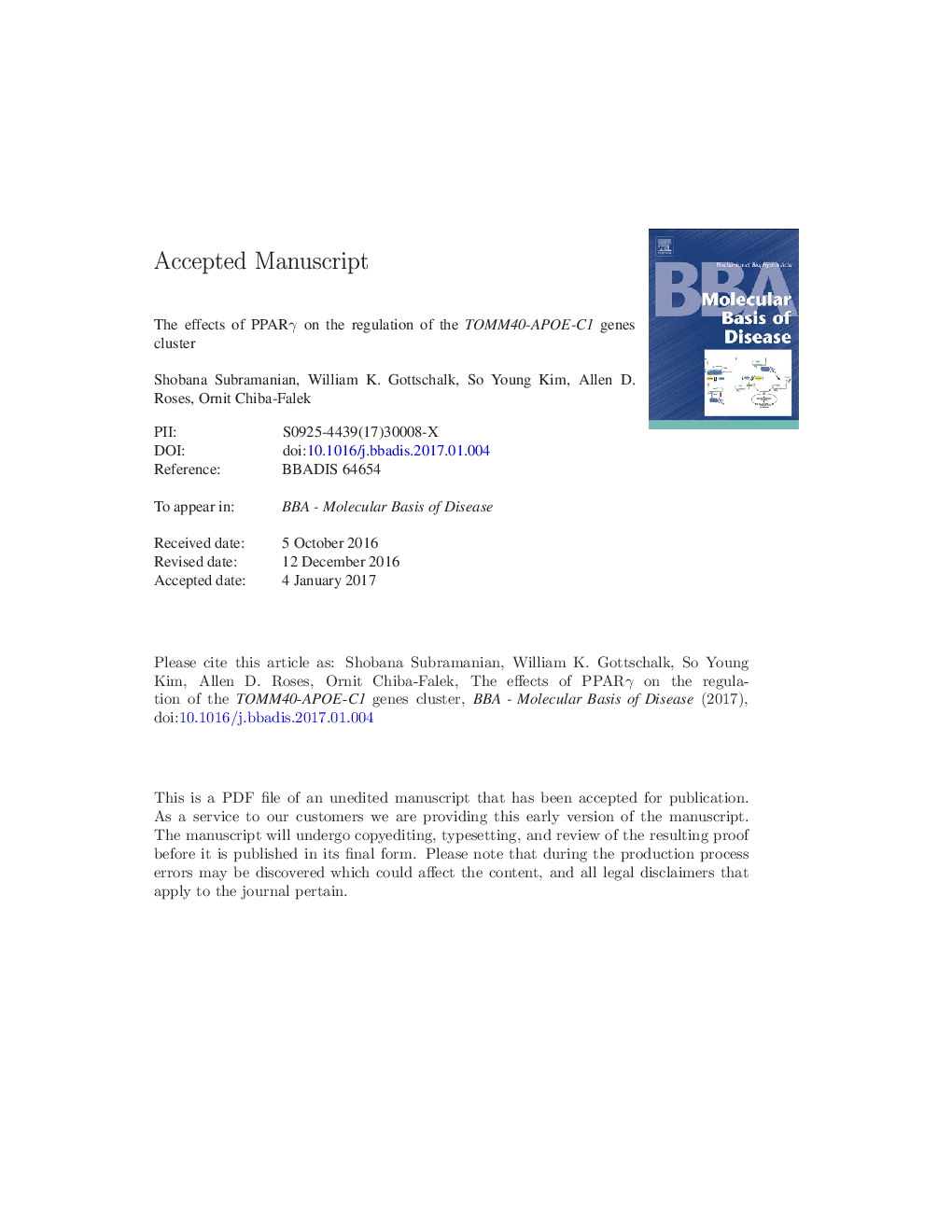 The effects of PPARÎ³ on the regulation of the TOMM40-APOE-C1 genes cluster