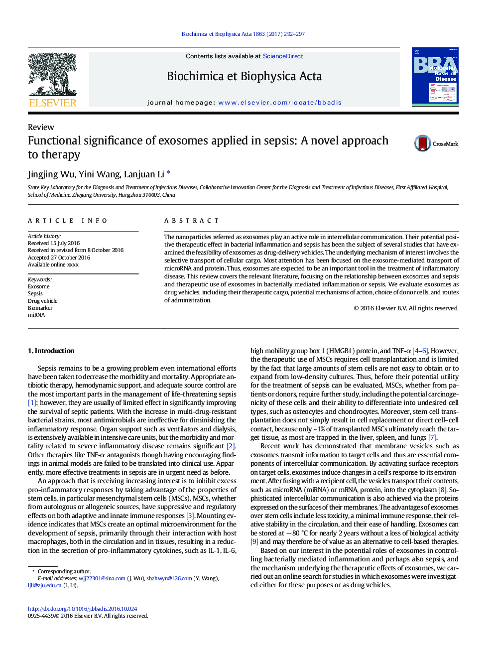 Functional significance of exosomes applied in sepsis: A novel approach to therapy