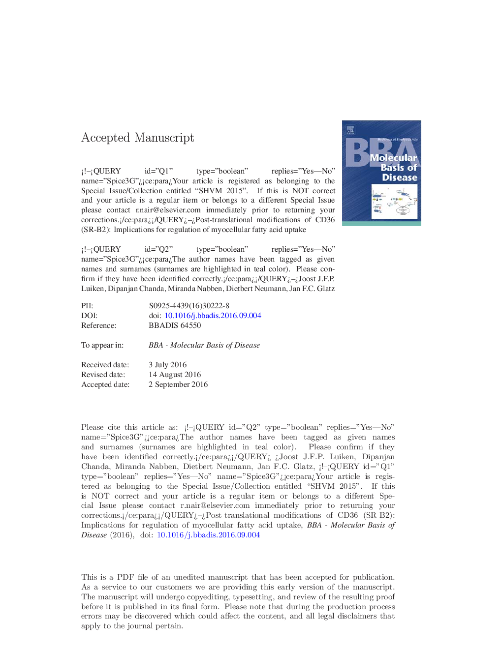 Post-translational modifications of CD36 (SR-B2): Implications for regulation of myocellular fatty acid uptake