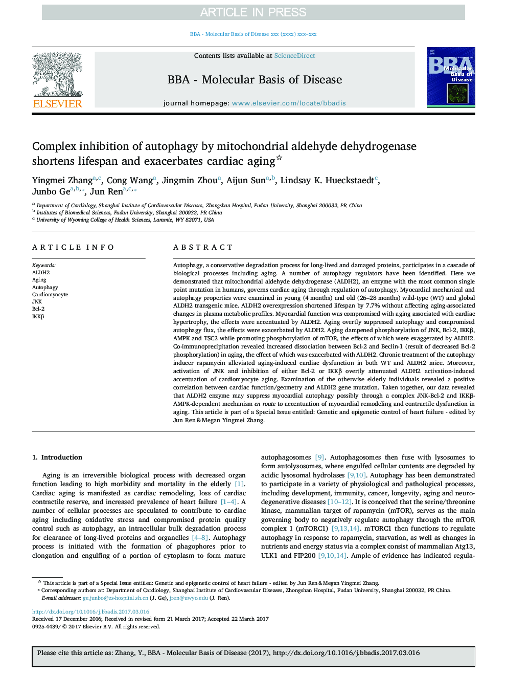 Complex inhibition of autophagy by mitochondrial aldehyde dehydrogenase shortens lifespan and exacerbates cardiac aging