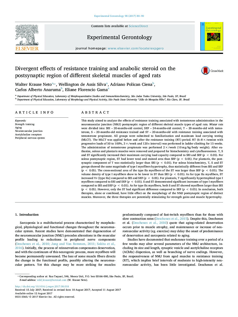 Divergent effects of resistance training and anabolic steroid on the postsynaptic region of different skeletal muscles of aged rats