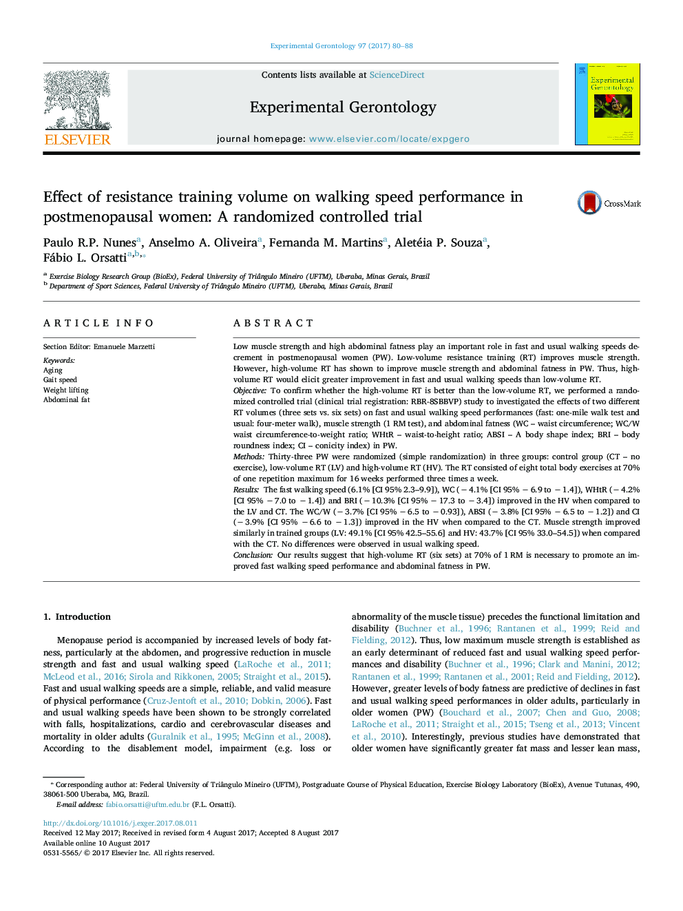 Effect of resistance training volume on walking speed performance in postmenopausal women: A randomized controlled trial