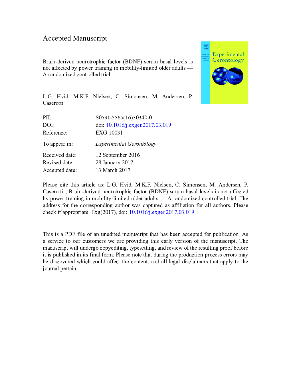 Brain-derived neurotrophic factor (BDNF) serum basal levels is not affected by power training in mobility-limited older adults - A randomized controlled trial