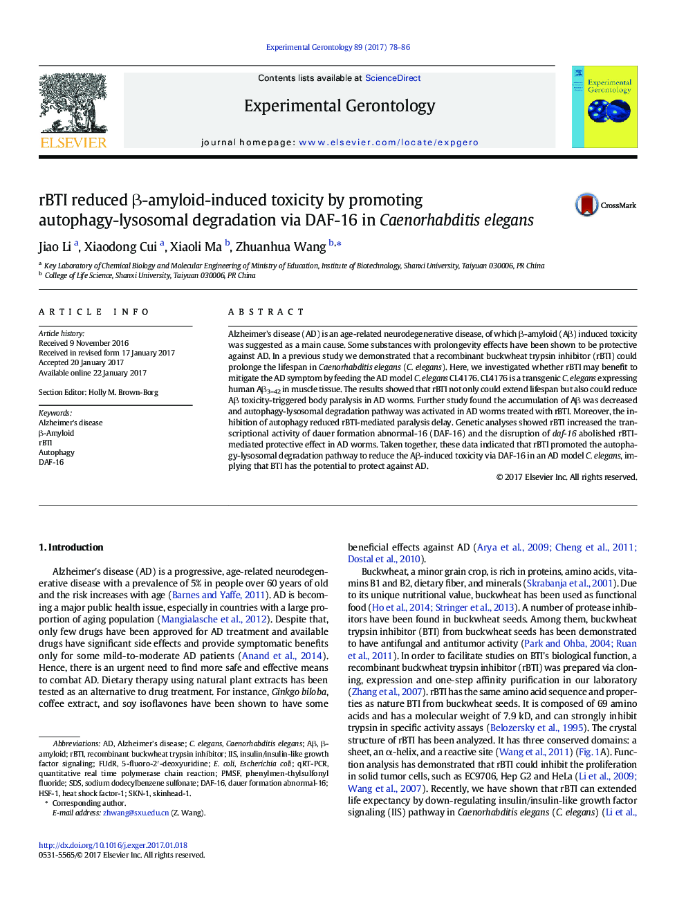 rBTI reduced Î²-amyloid-induced toxicity by promoting autophagy-lysosomal degradation via DAF-16 in Caenorhabditis elegans