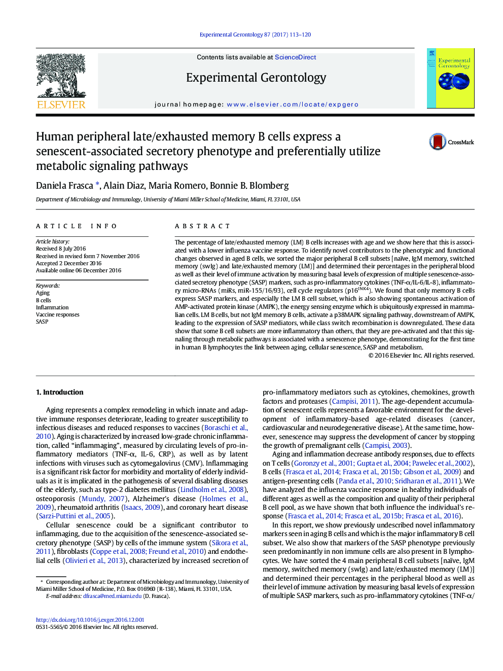 Human peripheral late/exhausted memory B cells express a senescent-associated secretory phenotype and preferentially utilize metabolic signaling pathways