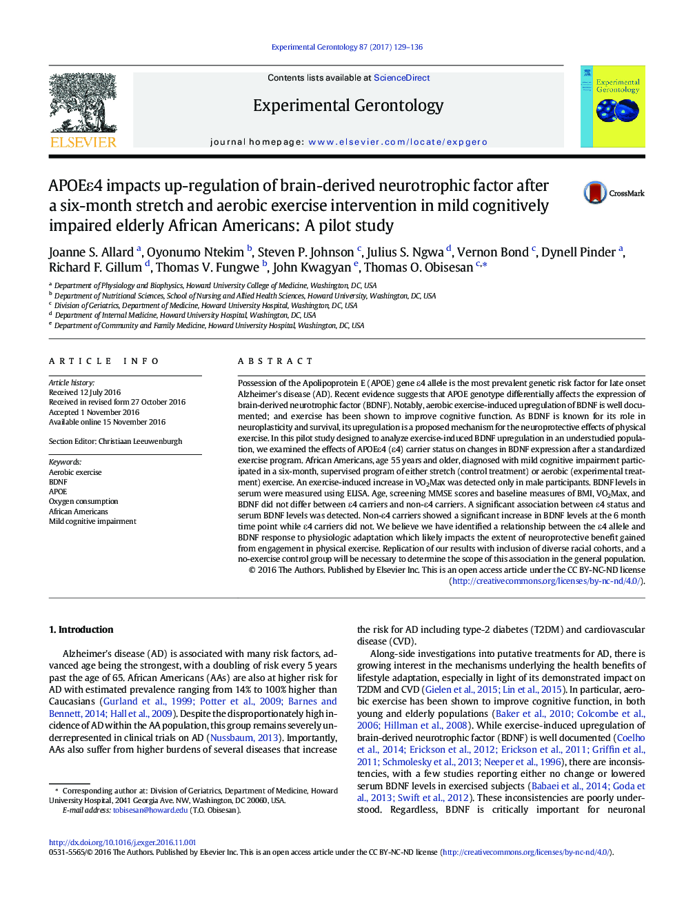 APOEÎµ4 impacts up-regulation of brain-derived neurotrophic factor after a six-month stretch and aerobic exercise intervention in mild cognitively impaired elderly African Americans: A pilot study