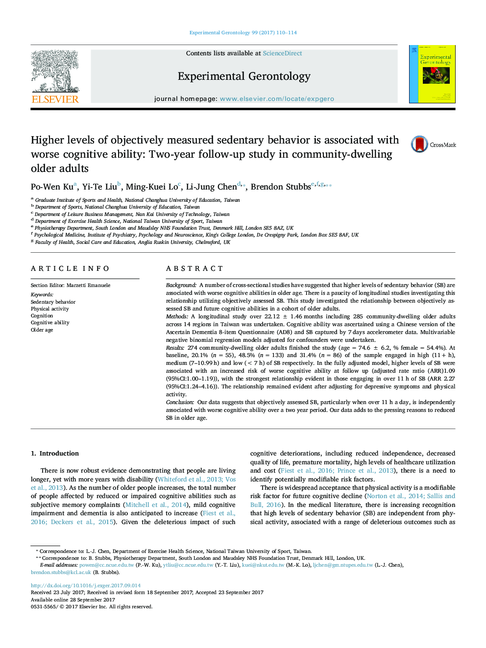 Higher levels of objectively measured sedentary behavior is associated with worse cognitive ability: Two-year follow-up study in community-dwelling older adults