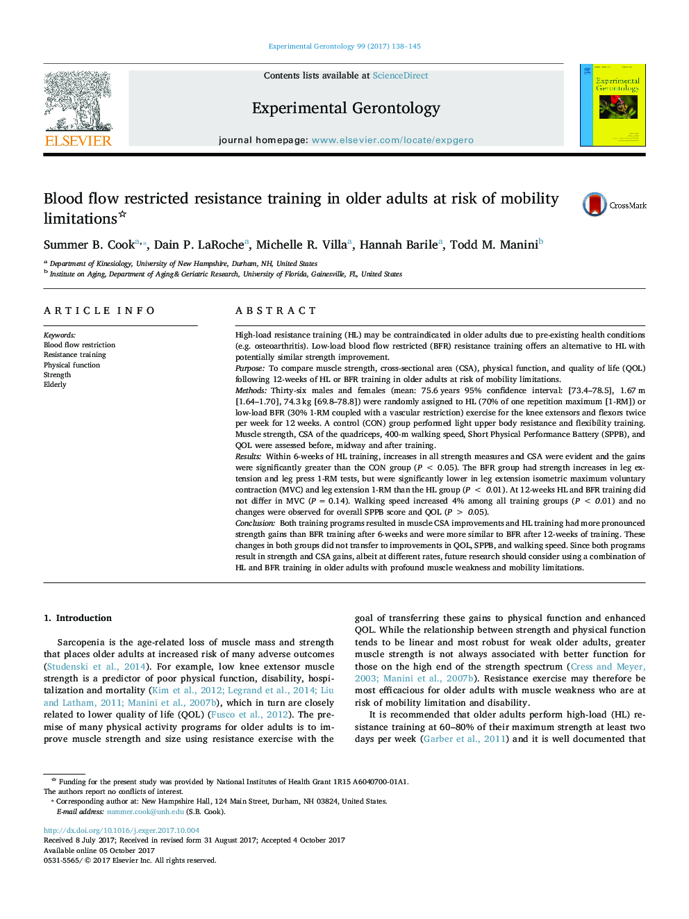 Blood flow restricted resistance training in older adults at risk of mobility limitations