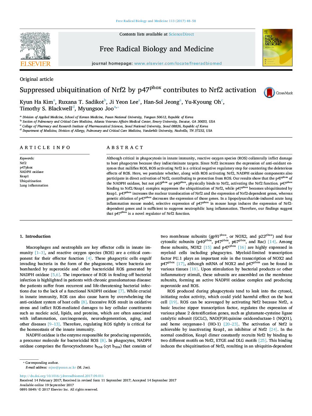 Suppressed ubiquitination of Nrf2 by p47phox contributes to Nrf2 activation