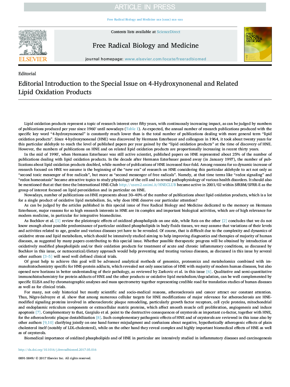 Editorial Introduction to the Special Issue on 4-Hydroxynonenal and Related Lipid Oxidation Products