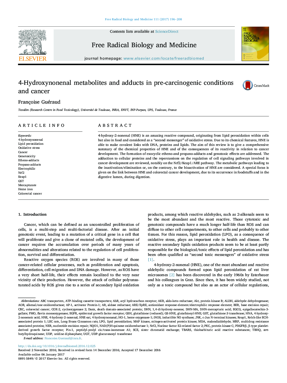 4-Hydroxynonenal metabolites and adducts in pre-carcinogenic conditions and cancer