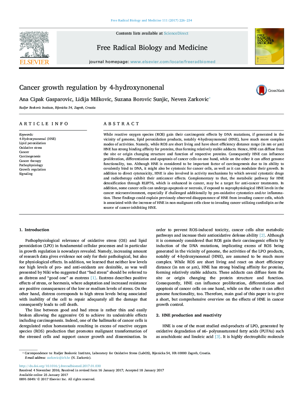 Cancer growth regulation by 4-hydroxynonenal