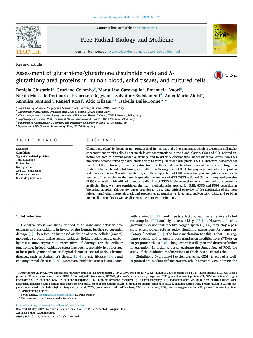 Assessment of glutathione/glutathione disulphide ratio and S-glutathionylated proteins in human blood, solid tissues, and cultured cells