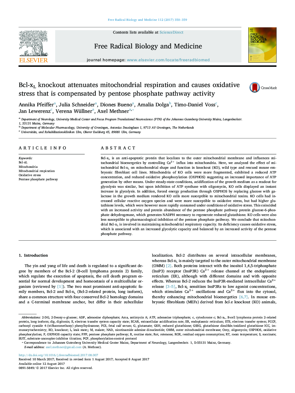 Bcl-xL knockout attenuates mitochondrial respiration and causes oxidative stress that is compensated by pentose phosphate pathway activity